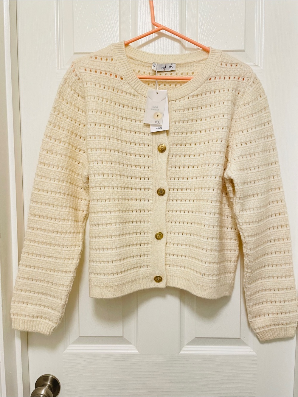 Mango Cream Crochet-Style Crewneck Cardigan with Gold Buttons